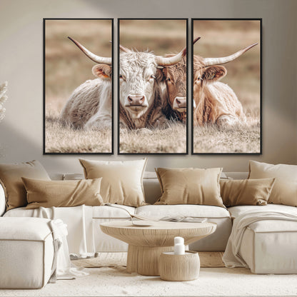 38651722-MGV-FC-48X32-3P_Black-Cow Wall Art – Rustic Longhorn Pair Canvas Print, Western Farmhouse Animal Painting, Country Ranch Decor for Living Room, Bedroom,