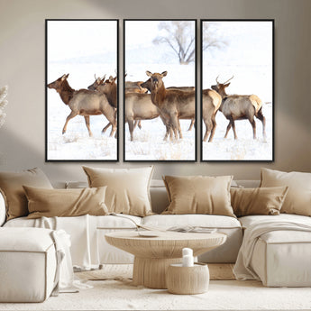 41416314-MGV-CV-36X24-Elk Wall Art – Wildlife Herd Canvas Print in Snowy Landscape, Rustic Nature Painting, Western Cabin Lodge Decor for Living Room,