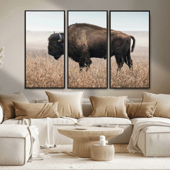 69909079-MGV-FC-48X32-3P_Black-Bison Wall Art – Majestic Buffalo Canvas Print in Prairie Grasslands, Rustic Western Animal Painting, Farmhouse Ranch Decor for