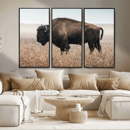 69909079-MGV-FC-48X32-3P_Black-Bison Wall Art – Majestic Buffalo Canvas Print in Prairie Grasslands, Rustic Western Animal Painting, Farmhouse Ranch Decor for