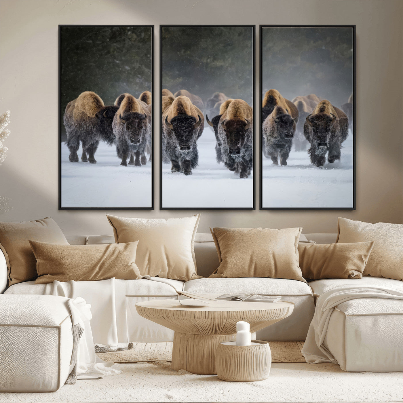 30332489-MGV-CV-36X24-Winter Bison Herd Wall Art – Powerful Buffalo Canvas Print, Rustic Wildlife Photography Decor for Farmhouse, Cabin, Lodge, Living