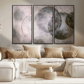 20066876-MGV-FC-48X32-3P_Black-Neutral Abstract Circle Wall Art – Modern Gray Beige Gold Canvas Print, Minimalist Geometric Painting for Bedroom, Living Room,