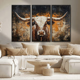 25265572-MGV-FC-48X32-3P_Black-Longhorn Bull Wall Art – Rustic Western Texas Steer Canvas Print, Textured Animal Painting for Home, Office, Man Cave or Farmhouse