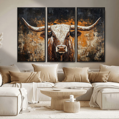 25265572-MGV-FC-48X32-3P_Black-Longhorn Bull Wall Art – Rustic Western Texas Steer Canvas Print, Textured Animal Painting for Home, Office, Man Cave or Farmhouse