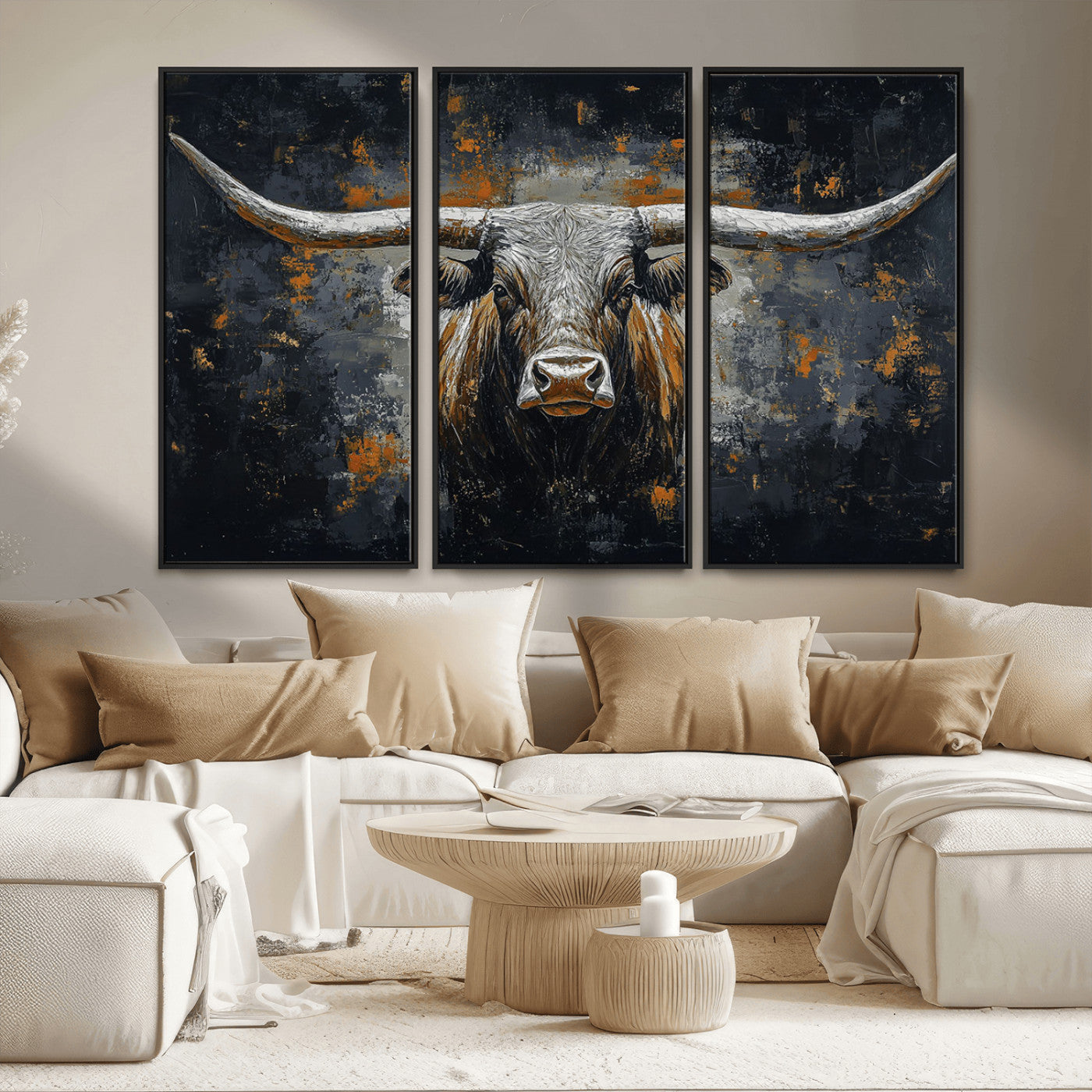 93195031-MGV-FC-48X32-3P_Black-Dark Longhorn Bull Wall Art – Western Steer Canvas Print, Moody Rustic Animal Painting for Man Cave, Ranch House, Office or Modern