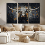 93195031-MGV-FC-48X32-3P_Black-Dark Longhorn Bull Wall Art – Western Steer Canvas Print, Moody Rustic Animal Painting for Man Cave, Ranch House, Office or Modern