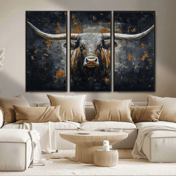 93195031-MGV-FC-48X32-3P_Black-Dark Longhorn Bull Wall Art – Western Steer Canvas Print, Moody Rustic Animal Painting for Man Cave, Ranch House, Office or Modern
