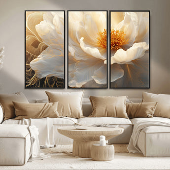 29539087-MGV-FC-48X32-3P_Black-Floral Wall Art – Elegant White and Gold Bloom Canvas Print, Romantic Modern Flower Artwork for Bedroom, Living Room, or Office