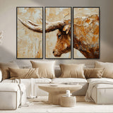69611428-MGV-FC-48X32-3P_Black-Longhorn Bull Wall Art – Rustic Western Canvas Print, Textured Farmhouse Cattle Painting for Living Room, Office, or Ranch House
