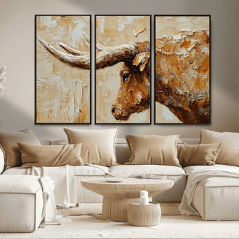 69611428-MGV-FC-48X32-3P_Black-Longhorn Bull Wall Art – Rustic Western Canvas Print, Textured Farmhouse Cattle Painting for Living Room, Office, or Ranch House