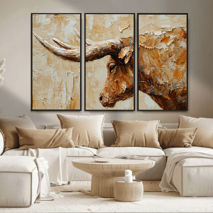 69611428-MGV-FC-48X32-3P_Black-Longhorn Bull Wall Art – Rustic Western Canvas Print, Textured Farmhouse Cattle Painting for Living Room, Office, or Ranch House