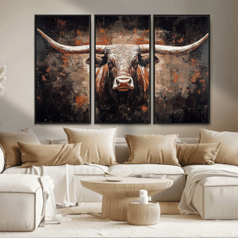 24779067-MGV-FC-48X32-3P_Black-Longhorn Bull Wall Art – Western Rustic Canvas Print, Bold Cowboy Cattle Painting for Ranch House, Farmhouse, Office, or Living
