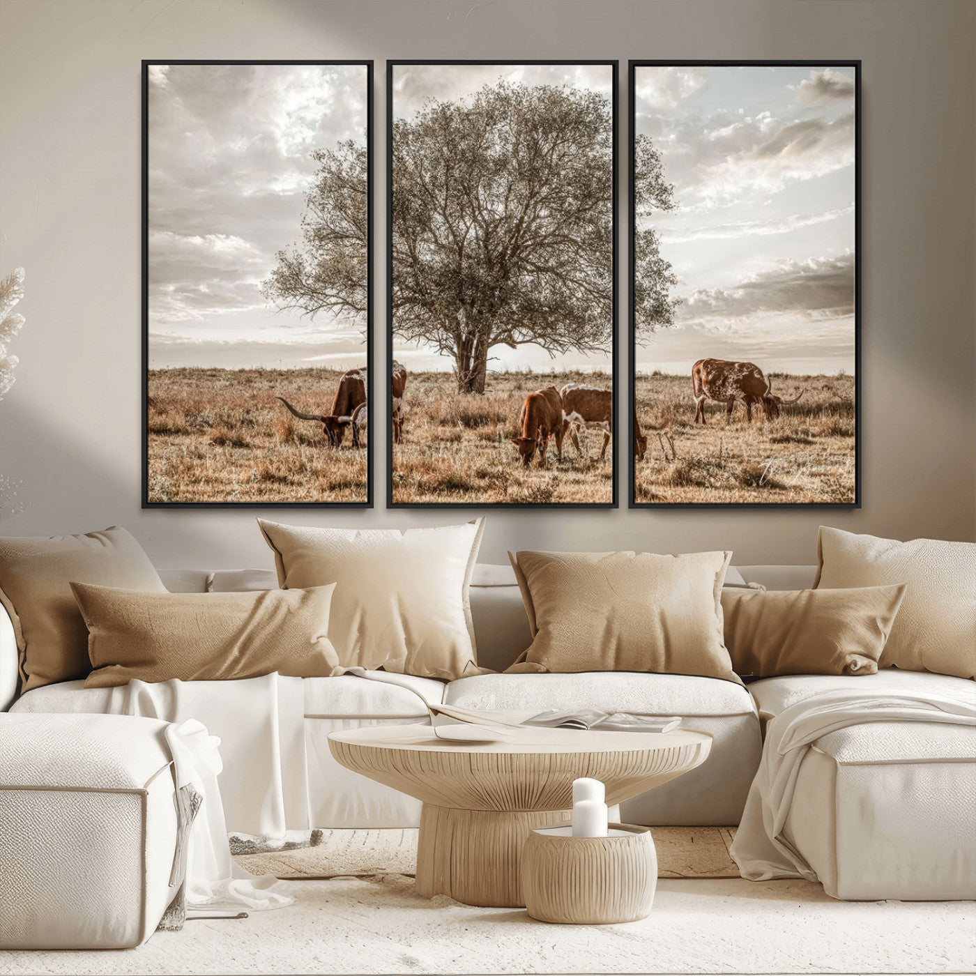 87590224-MGV-FC-48X32-3P_Black-Longhorn Cattle Wall Art – Rustic Western Landscape Canvas Print, Texas Farmhouse Prairie Scene for Living Room, Office, or Ranch