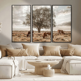 87590224-MGV-FC-48X32-3P_Black-Longhorn Cattle Wall Art – Rustic Western Landscape Canvas Print, Texas Farmhouse Prairie Scene for Living Room, Office, or Ranch