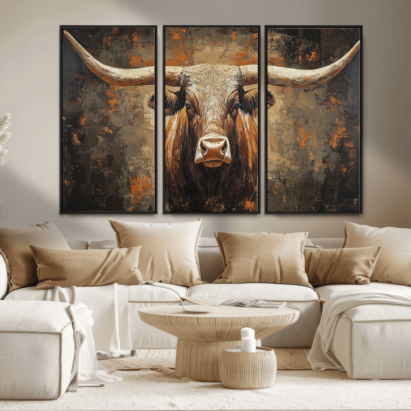 19204445-MGV-FC-48X32-3P_Black-Texas Longhorn Bull Wall Art – Rustic Western Canvas Print, Bold Cowboy Cattle Painting for Ranch House, Farmhouse, Office, or