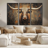 19204445-MGV-FC-48X32-3P_Black-Texas Longhorn Bull Wall Art – Rustic Western Canvas Print, Bold Cowboy Cattle Painting for Ranch House, Farmhouse, Office, or