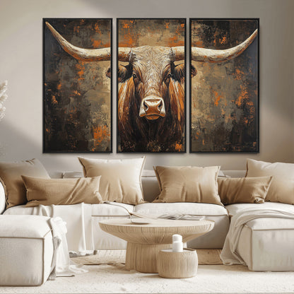 19204445-MGV-FC-48X32-3P_Black-Texas Longhorn Bull Wall Art – Rustic Western Canvas Print, Bold Cowboy Cattle Painting for Ranch House, Farmhouse, Office, or
