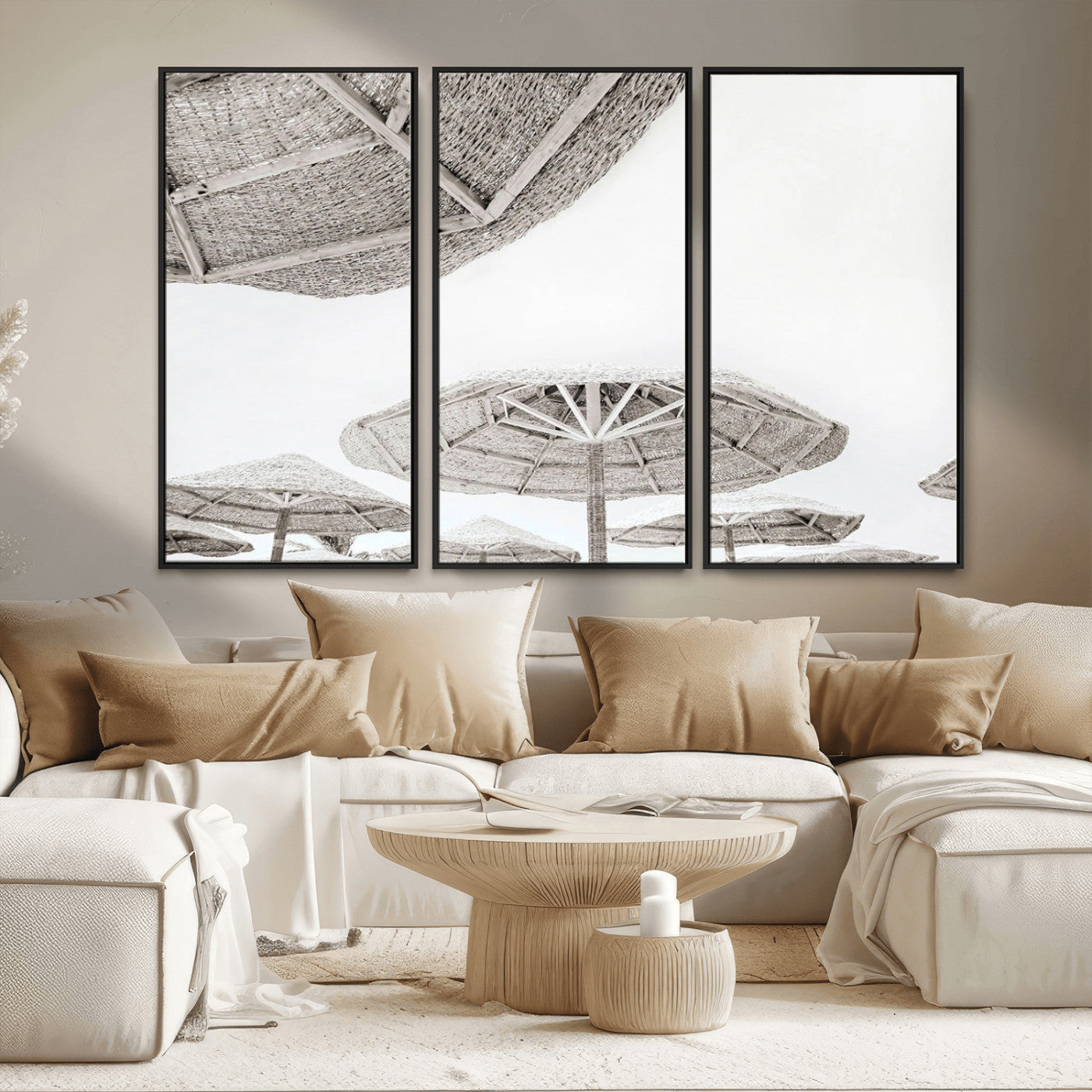 97043123-MGV-FC-48X32-3P_Black-Beach Umbrella Wall Art – Minimalist Coastal Canvas Print, Woven Parasol Summer Decor for Bedroom, Living Room, or Modern Beach