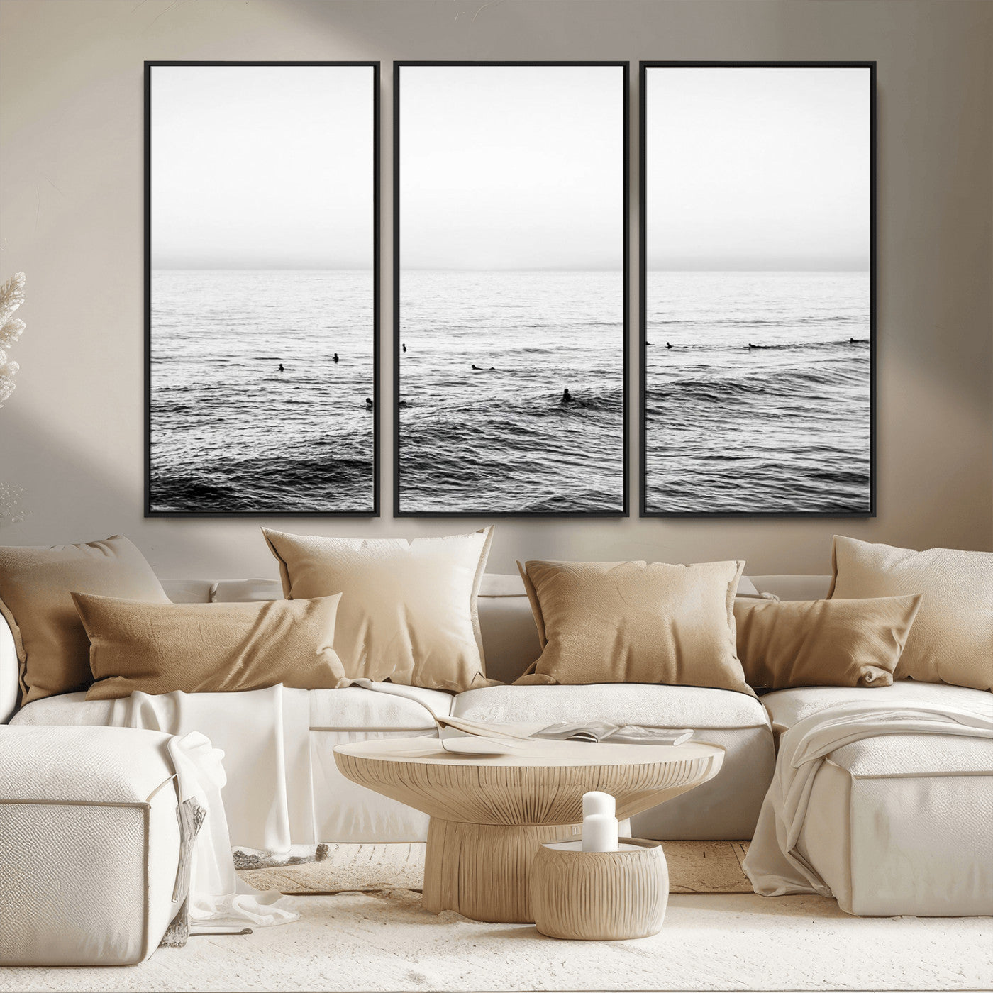 47208268-MGV-CV-36X24-Surfer Ocean Wall Art – Black and White Coastal Canvas Print, Minimalist Surfing Seascape Decor for Living Room, Bedroom, or Beach