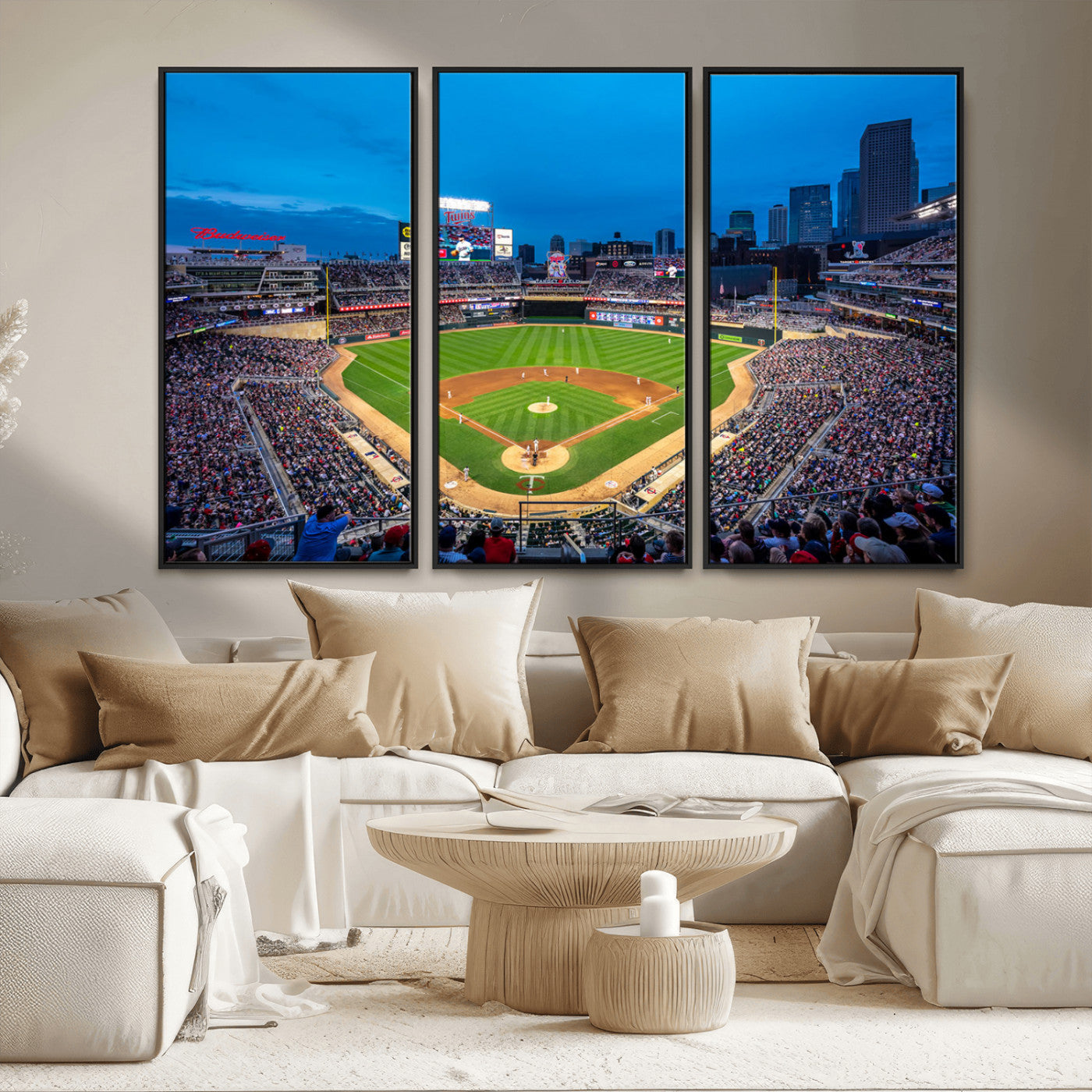 77273035-MGV-FC-48X32-3P_Black-Baseball Stadium Wall Art – Panoramic Evening Game Canvas Print, Sports Fan Decor for Man Cave, Office, Bar, or Living Room