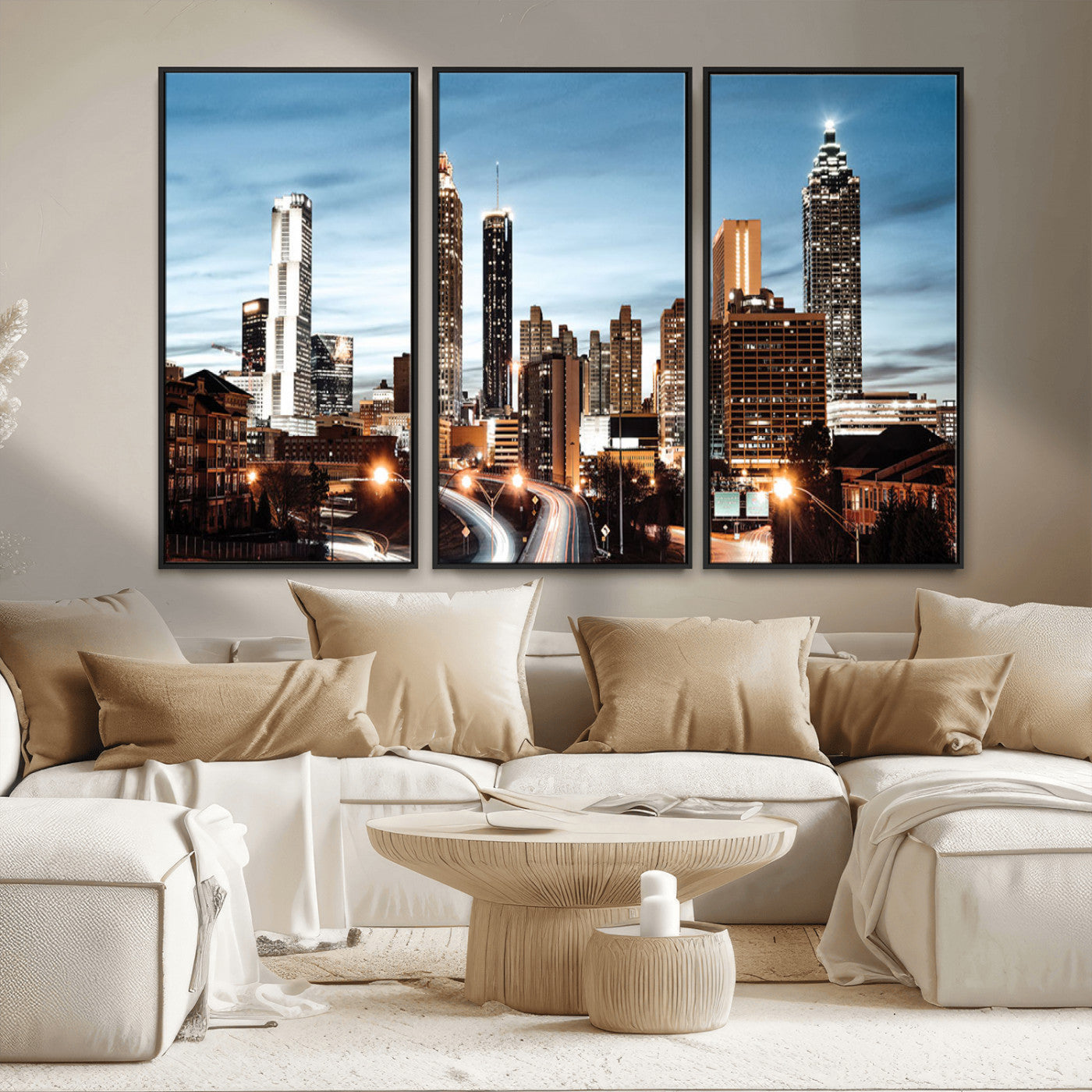 23859158-MGV-FC-48X32-3P_Black-Atlanta Skyline Wall Art – Modern Cityscape Canvas Print with Night Lights and Traffic Trails, Urban Decor for Office, Apartment,