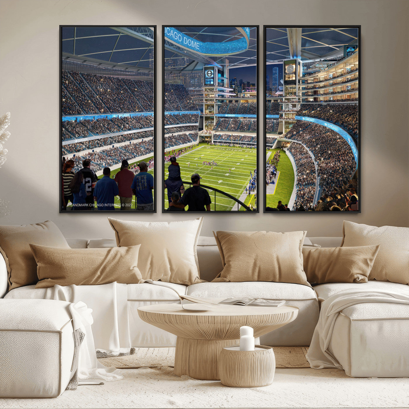 41816511-MGV-FC-48X32-3P_Black-Chicago Dome Stadium Wall Art – Futuristic Football Arena Canvas Print, Modern Sports Fan Decor for Man Cave, Office, Bar, or