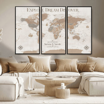 63516865-MGV-FC-48X32-3P_Black-Explore Dream Discover World Map Wall Art – Inspirational Travel Adventure Canvas Print, Neutral Parchment Style Explorer Decor