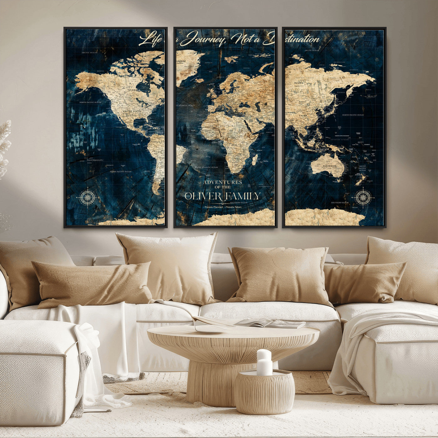 36970886-MGV-CV-36X24-Life is a Journey Not a Destination World Map Rustic Navy Beige Vintage Travel Wall Art Adventure Quote Canvas Print for Home