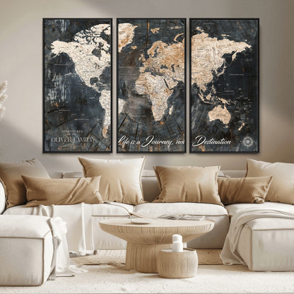 37848568-MGV-FC-48X32-3P_Black-Life is a Journey Not a Destination World Map Rustic Wood Texture Vintage Beige Navy Adventure Wall Art Canvas Print for Home