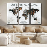 88337180-MGV-FC-48X32-3P_Black-Little by Little One Travels Far Tolkien Quote World Map Rustic Black Brown Adventure Wall Art Canvas Print for Home Office Living