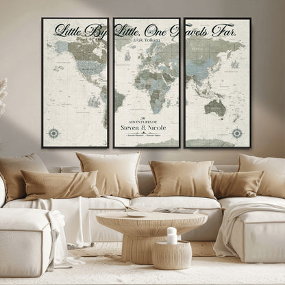 10693204-MGV-CV-36X24-Little By Little One Travels Far Tolkien Quote Blue Green World Map Adventure Wall Art Canvas Print Rustic Wanderlust Travel Decor
