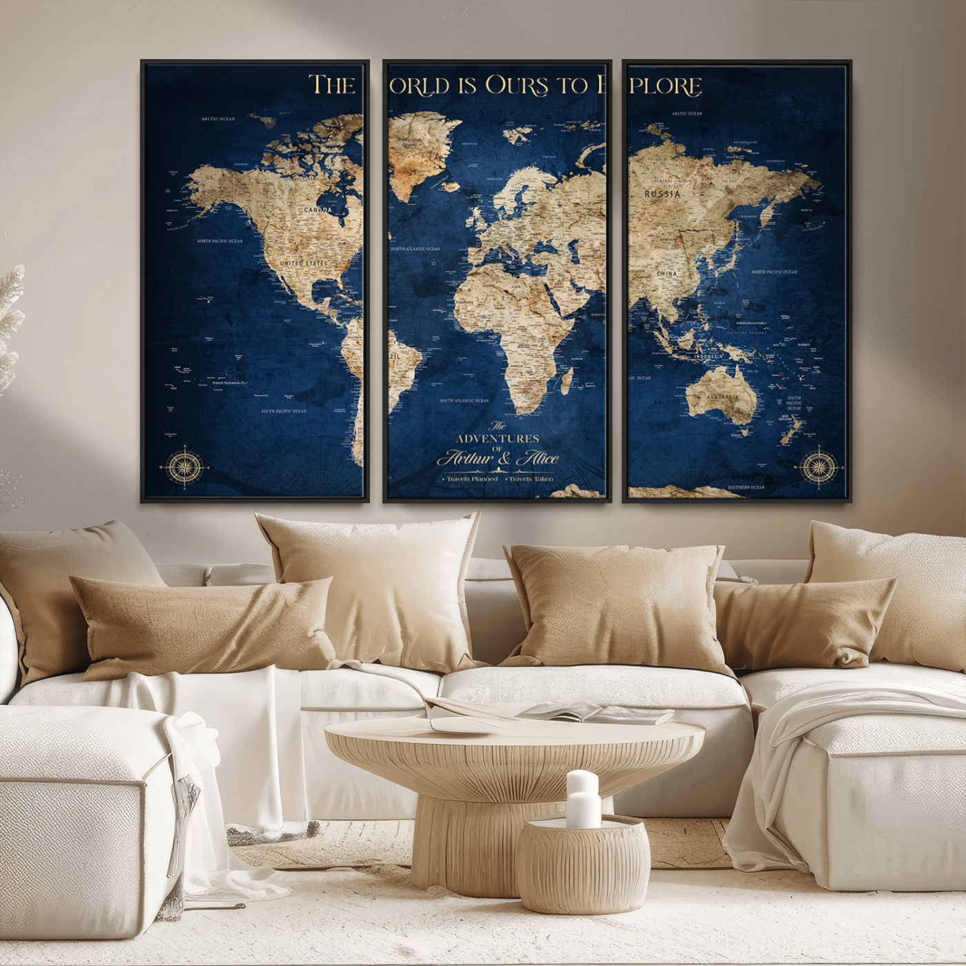 54782997-MGV-FC-48X32-3P_Black-The World is Ours to Explore Wall Art – Blue World Map Canvas Print, Adventure Travel Decor for Home, Office or Living Room,