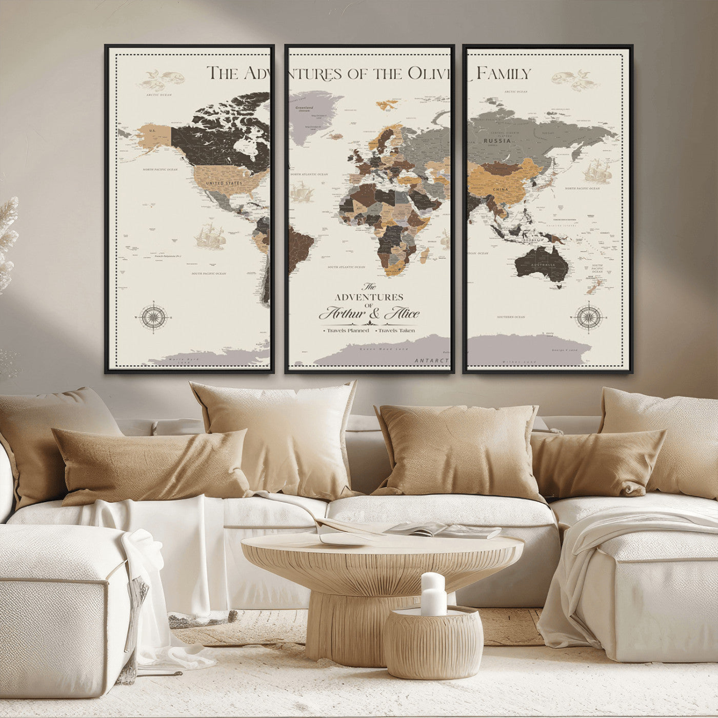 38723540-MGV-CV-36X24-Adventures of the Oliver Family Wall Art – Earth Tone World Map Canvas Print, Minimalist Travel Decor for Living Room, Bedroom or