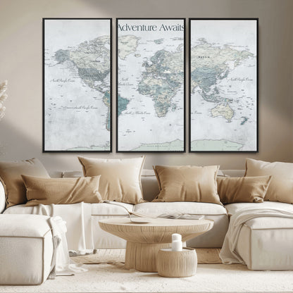 TEST111-MGV-CV-36X24-Personalized Adventure Awaits Push Pin World Map – Custom Framed Travel Tracker Canvas Wall Art for Home, Office