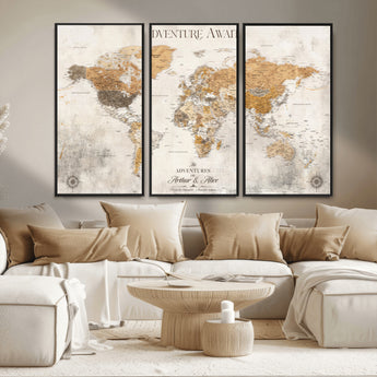 99422096-MGV-FC-48X32-3P_Black-Adventure Awaits World Map Wall Art – Neutral Beige Canvas Print, Modern Travel Inspired Wall Decor for Living Room, Bedroom or