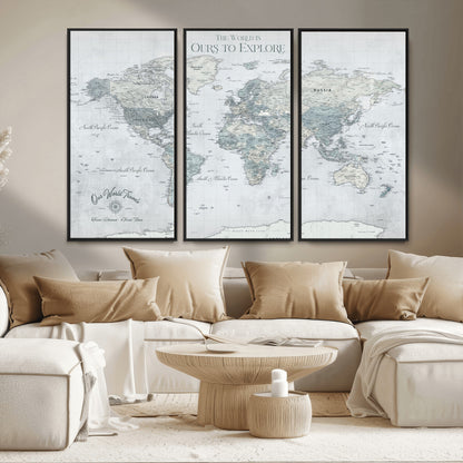 94249974-MGV-CV-36X24-Ours Explore World Map Wall Art – Modern Travel Canvas Print, Neutral Adventure Decor for Living Room, Office, Study, Bedroom,