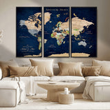 43160428-MGV-FC-48X32-3P_Black-Adventure Awaits Navy Blue World Map – Vibrant Travel Canvas Wall Art, Antique Atlas Print, Wanderlust Decor for Home Office