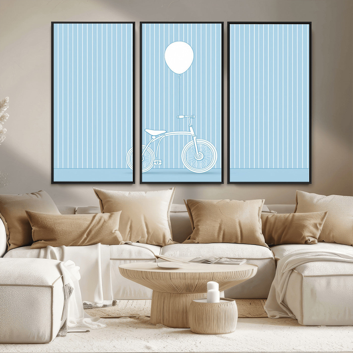 56479838-MGV-FC-48X32-3P_Black-Bicycle Wall Art – Minimalist Blue Canvas Print with Balloon Illustration, Modern Decor Artwork for Kids Room, Nursery, or Living
