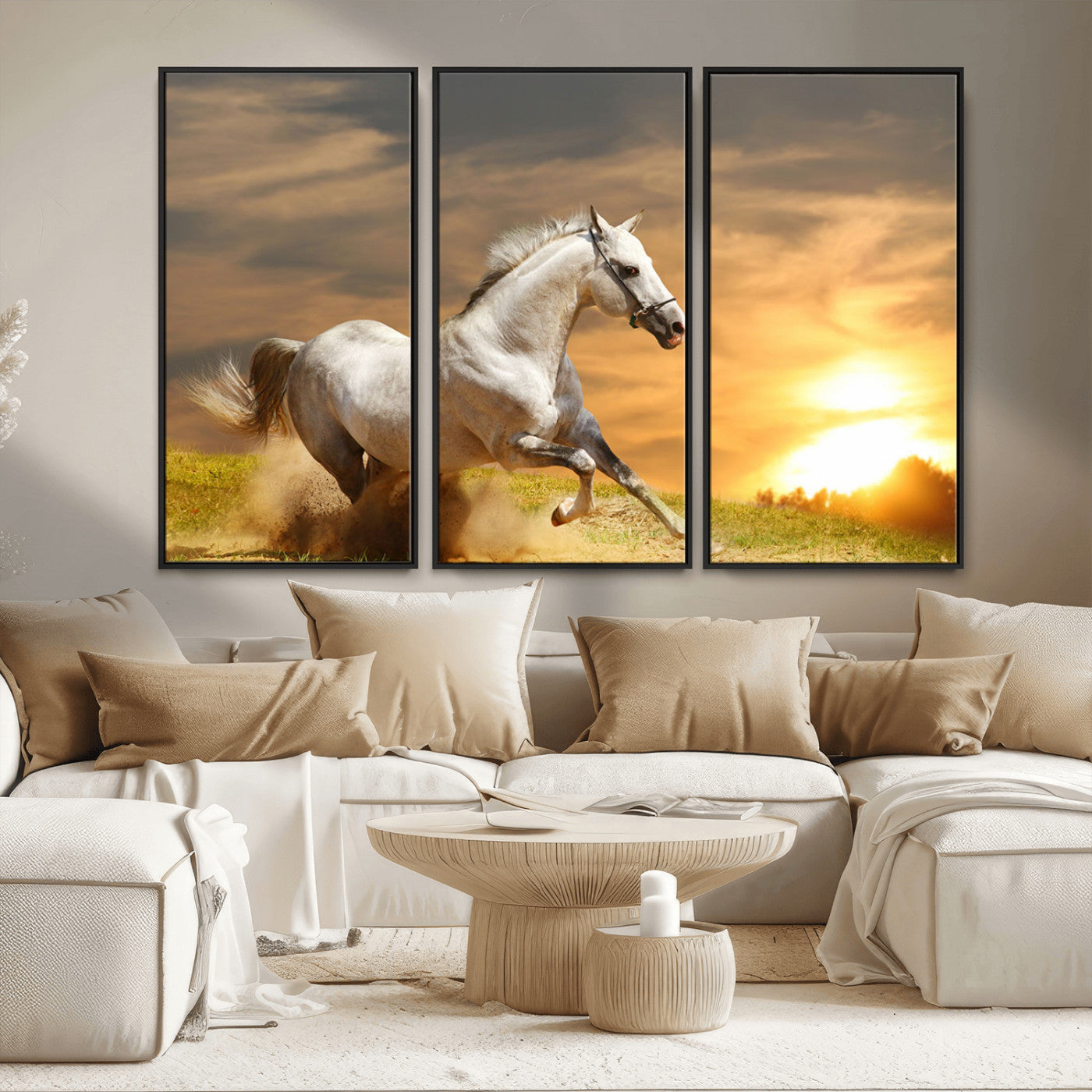 44295212-MGV-CV-36X24-Horse Wall Art – Running White Stallion Canvas Print with Sunset Background, Western Wildlife Decor for Living Room, Office, or