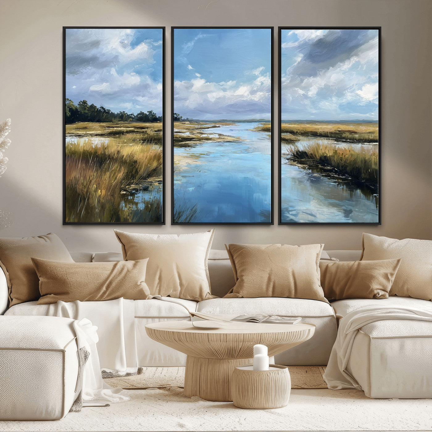 87082041-MGV-CV-36X24-Painted Marshland Canvas Wall Art – Serene Water Reflection, Blue Sky, Golden Grass Landscape, Calm Nature Decor for Home, Office,