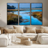 26300004-MGV-CV-36X24-Tranquil Marshland Canvas Wall Art – Blue Water, Reflective Sky, Golden Grasses, Calm Nature Landscape, Scenic Outdoor Beauty for
