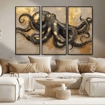 57944271-MGV-FC-48X32-3P_Black-Octopus Wall Art – Black and Gold Nautical Canvas Print, Modern Ocean Inspired Artwork with Elegant Detailing, Coastal Marine