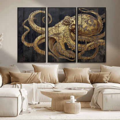 47056538-MGV-FC-48X32-3P_Black-Octopus Wall Art – Gold Nautical Canvas Print with Rustic Wood Texture, Marine Creature Artwork for Coastal Ocean Decoration in