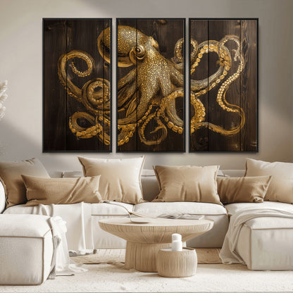 56769669-MGV-FC-48X32-3P_Black-Octopus Wall Art – Gold Nautical Canvas Print with Rustic Wood Panel Design, Detailed Marine Artwork for Coastal Ocean Decoration