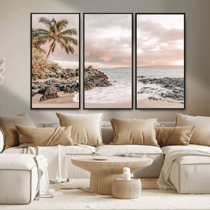18005328-MGV-CV-36X24-Tropical Beach Canvas Wall Art – Palm Tree, Rocky Shoreline, Ocean Waves, Sunset Clouds, Calm Sea, Island Nature Relaxation for