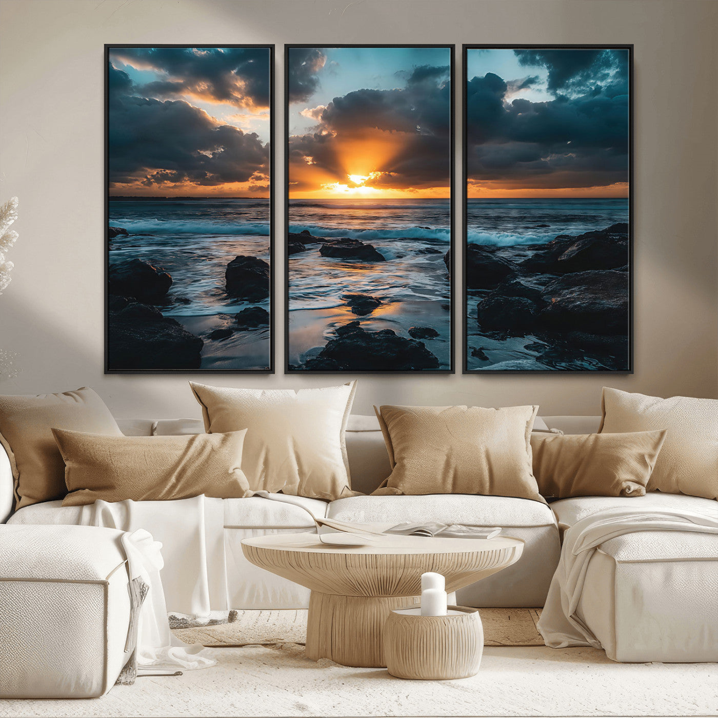 66040852-MGV-CV-36X24-Ocean Sunset Canvas Wall Art – Rocky Shore Waves, Dramatic Clouds, Golden Sun Rays, Coastal Nature, Serene Water Reflection for
