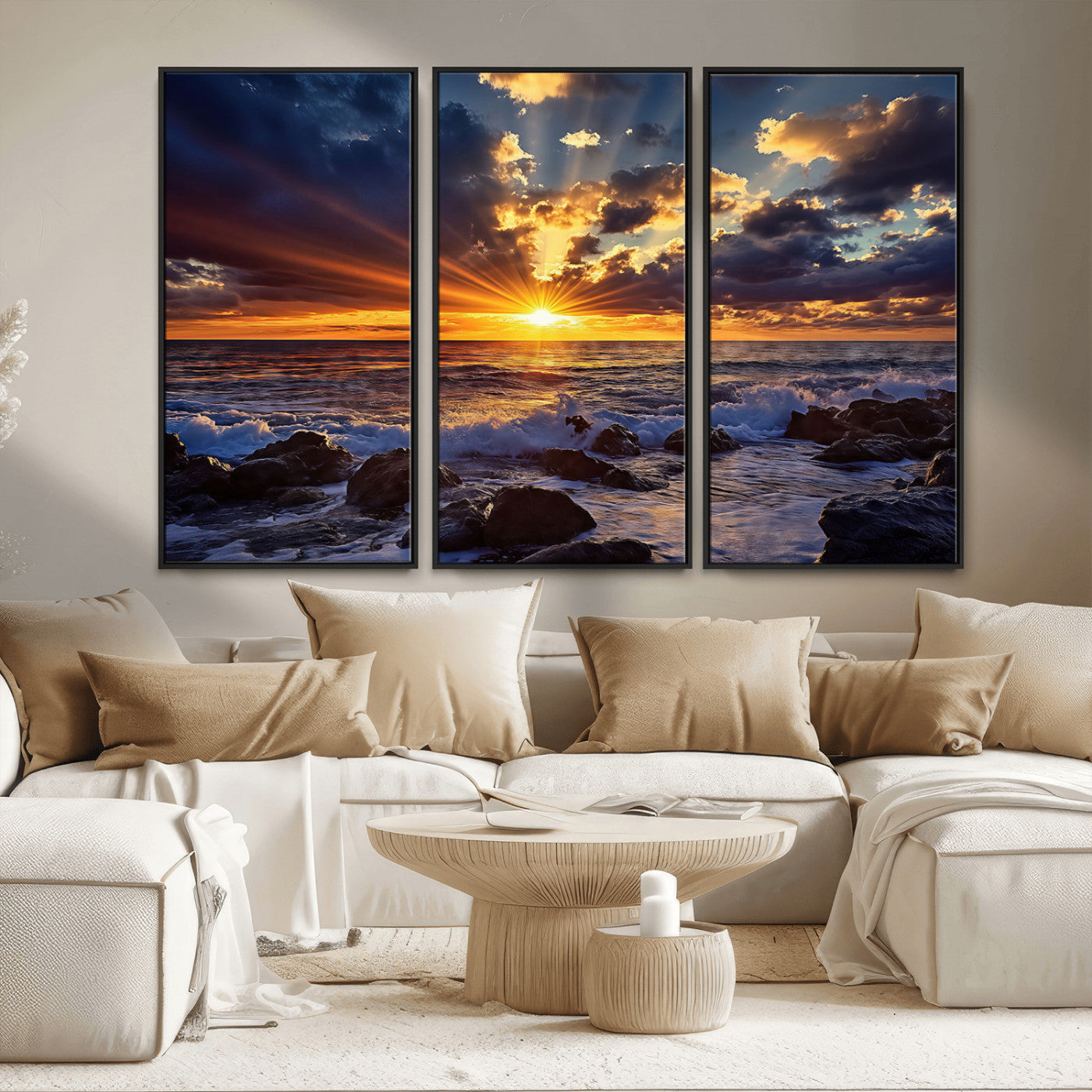 35900590-MGV-CV-36X24-Sunset Ocean Waves Canvas Wall Art – Rocky Shore, Dramatic Sky, Golden Sun Rays, Coastal Beauty, Serene Water Motion for Living