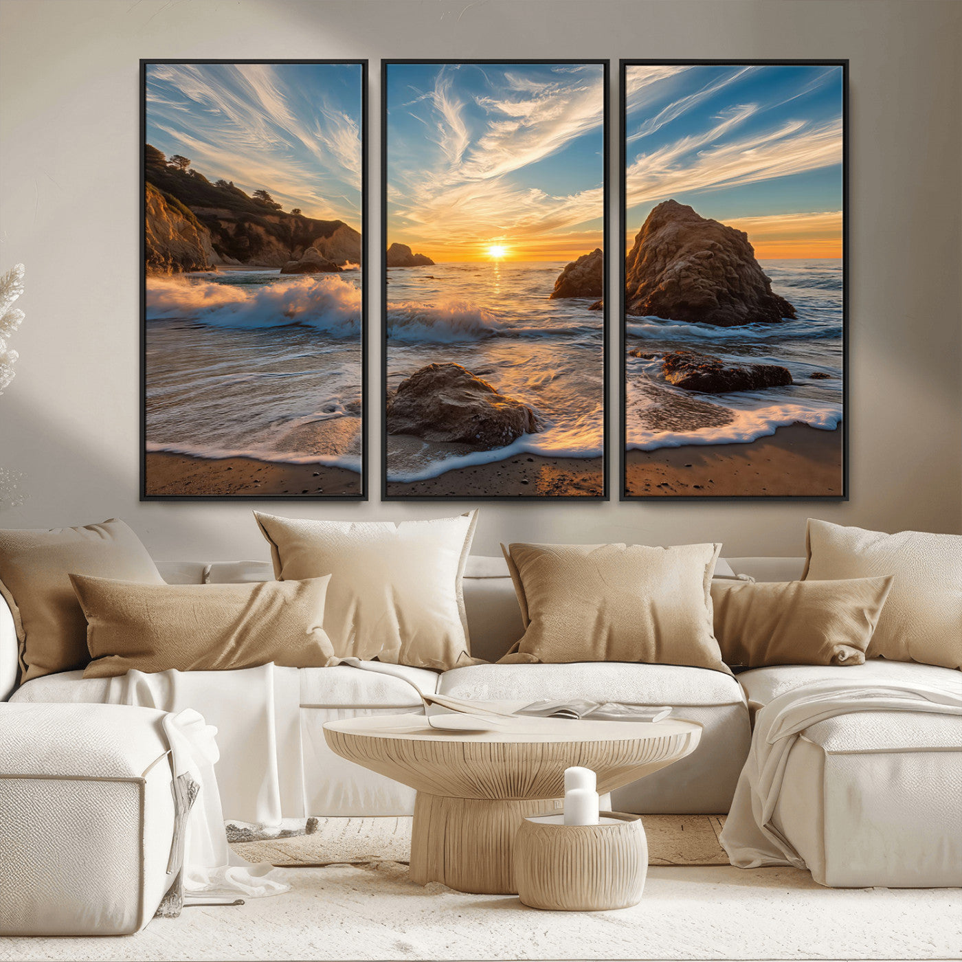 85659923-MGV-CV-36X24-Ocean Sunset Wall Art – Dramatic Seascape Canvas Print with Cliffs, Crashing Waves and Golden Sky, Bold Coastal Photography for