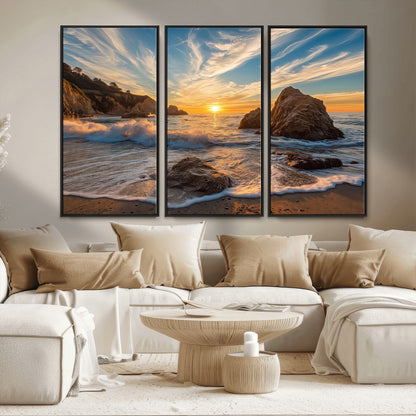 85659923-MGV-CV-36X24-Ocean Sunset Wall Art – Dramatic Seascape Canvas Print with Cliffs, Crashing Waves and Golden Sky, Bold Coastal Photography for