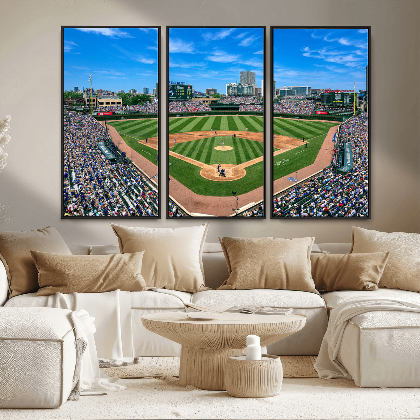 56213978-MGV-CV-36X24-Baseball Stadium Wall Art – Panoramic Ballpark Canvas Print with Fans, Green Field and City Skyline, Classic Sports Photography